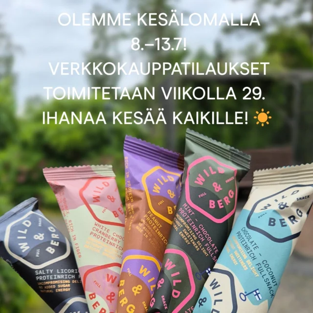 Olemme kesälomalla 8-13.7! 🌸
Verkkokauppatilaukset toimitetaan viikolla 29. 
Ihanaa kesää kaikille! 🌸
#wildandberg #täysvälipala #kesä #loma